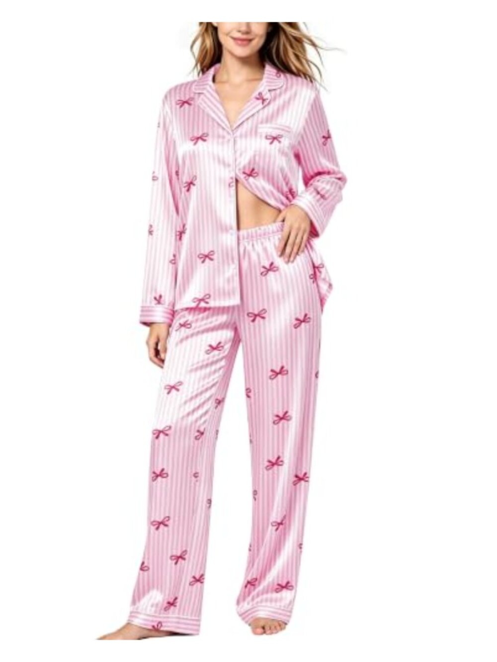 Satin Long Sleeve Pajama Set Button Down Loungewear Two Piece Sleepwear